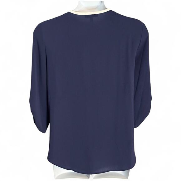 Chaus New York Navy Blue Zip Front Blouse Size L 3/4 Sleeve Roll Tab Career Top - Picture 7 of 9